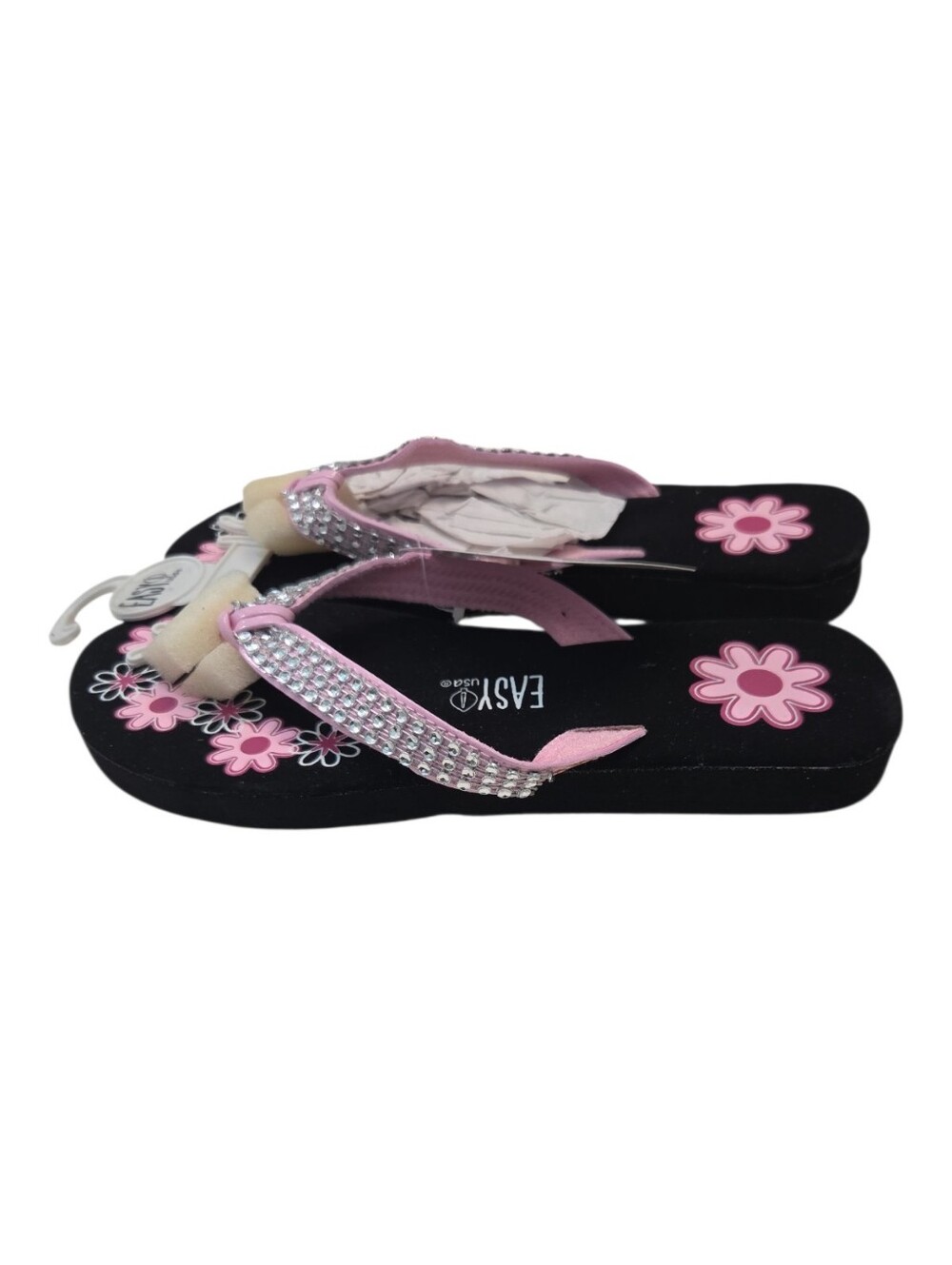 EASY USA Rhinestone Flower Flip Flops Black Pink NWT